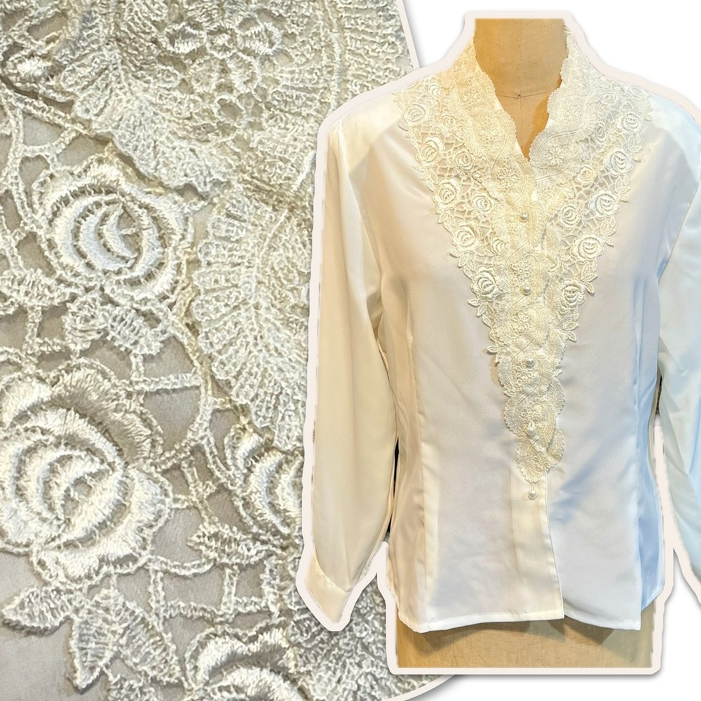 VINTAGE fancy lace‎ embroidered floral ivory blouse pearl button shirt elegant